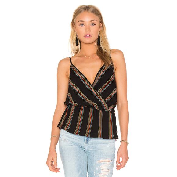 FREE PEOPLE Psychedelic Summer Peplum Top Black w/ Orange Stripes Size M - Picture 1 of 8